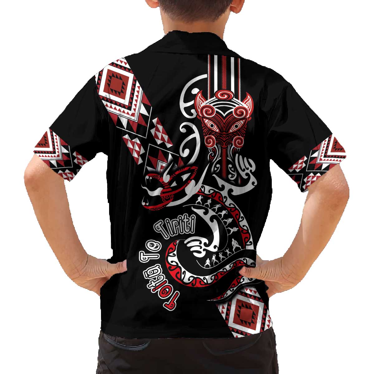 Aotearoa Toitu Te Tiriti-Honour the Treaty Family Matching Off The Shoulder Long Sleeve Dress and Hawaiian Shirt Maori Taniwha Haka with Taniko and Tukutuku LT03 - Polynesian Pride