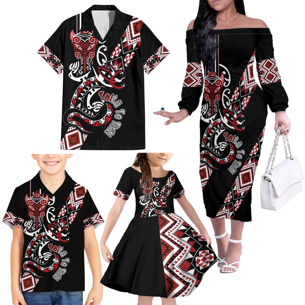 Aotearoa Toitu Te Tiriti-Honour the Treaty Family Matching Off The Shoulder Long Sleeve Dress and Hawaiian Shirt Maori Taniwha Haka with Taniko and Tukutuku LT03 - Polynesian Pride
