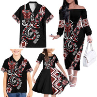 Aotearoa Toitu Te Tiriti-Honour the Treaty Family Matching Off The Shoulder Long Sleeve Dress and Hawaiian Shirt Maori Taniwha Haka with Taniko and Tukutuku LT03 - Polynesian Pride