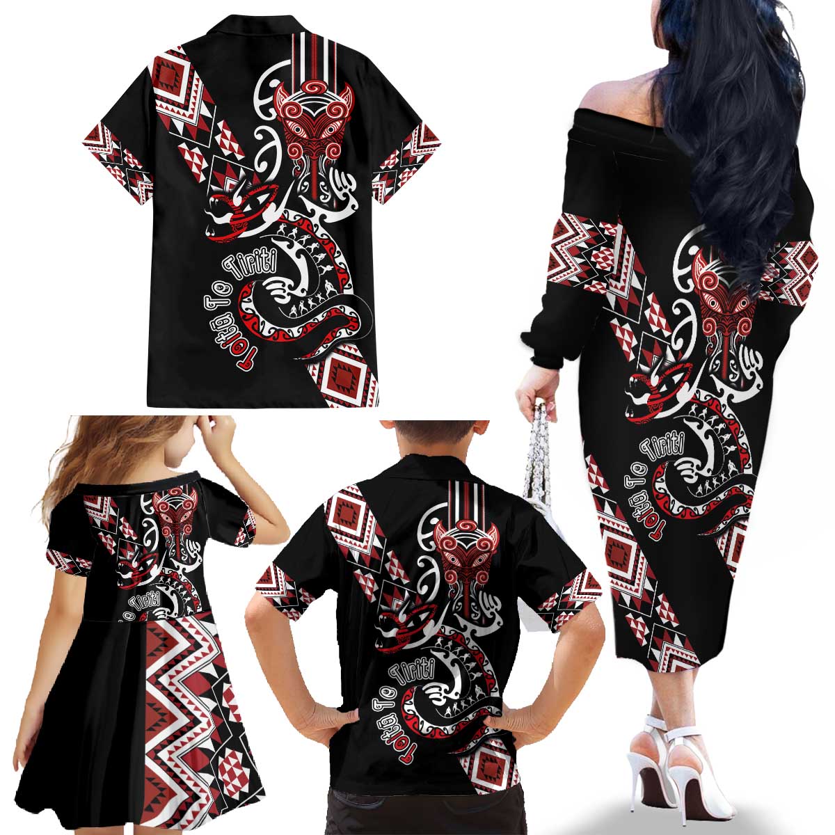 Aotearoa Toitu Te Tiriti-Honour the Treaty Family Matching Off The Shoulder Long Sleeve Dress and Hawaiian Shirt Maori Taniwha Haka with Taniko and Tukutuku LT03 - Polynesian Pride