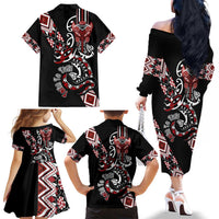 Aotearoa Toitu Te Tiriti-Honour the Treaty Family Matching Off The Shoulder Long Sleeve Dress and Hawaiian Shirt Maori Taniwha Haka with Taniko and Tukutuku LT03 - Polynesian Pride