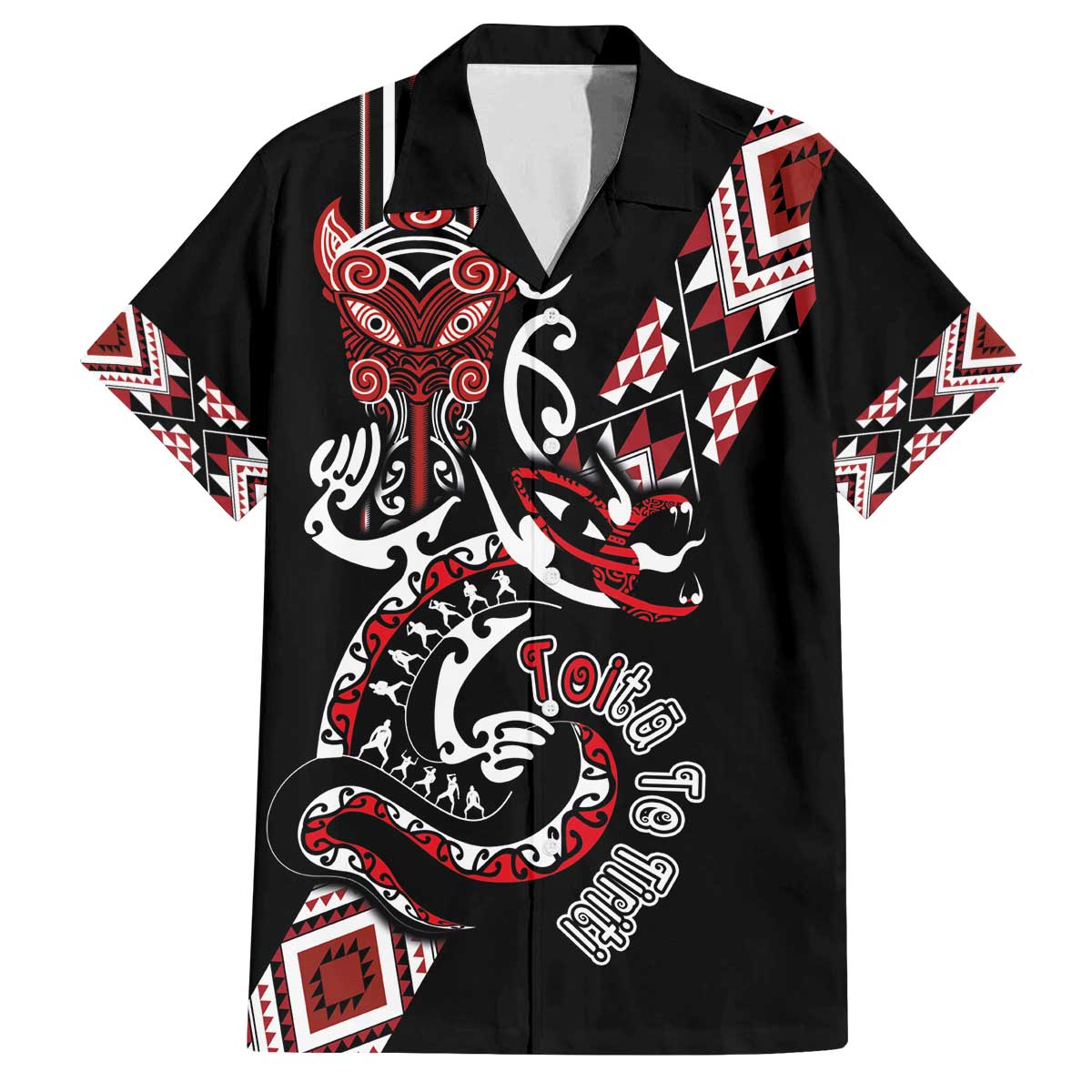 Aotearoa Toitu Te Tiriti-Honour the Treaty Family Matching Off The Shoulder Long Sleeve Dress and Hawaiian Shirt Maori Taniwha Haka with Taniko and Tukutuku LT03 Dad's Shirt - Short Sleeve Black - Polynesian Pride