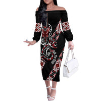 Aotearoa Toitu Te Tiriti-Honour the Treaty Family Matching Off The Shoulder Long Sleeve Dress and Hawaiian Shirt Maori Taniwha Haka with Taniko and Tukutuku LT03 Mom's Dress Black - Polynesian Pride