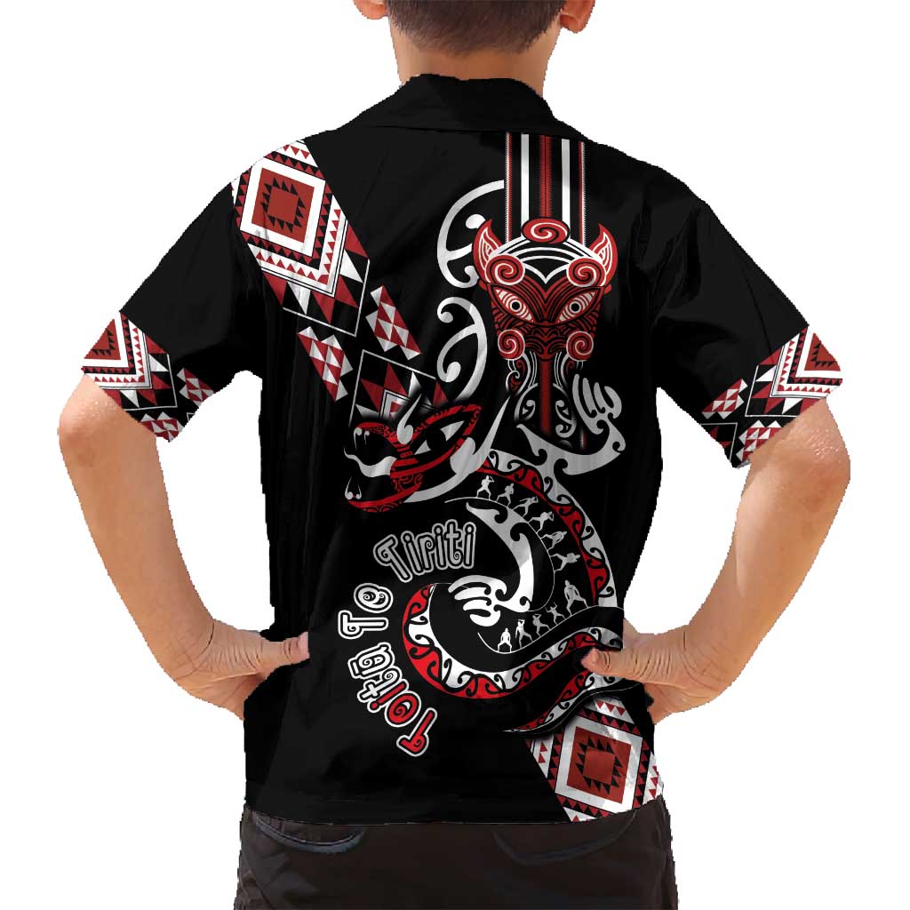 Aotearoa Toitu Te Tiriti-Honour the Treaty Family Matching Off Shoulder Maxi Dress and Hawaiian Shirt Maori Taniwha Haka with Taniko and Tukutuku LT03 - Polynesian Pride