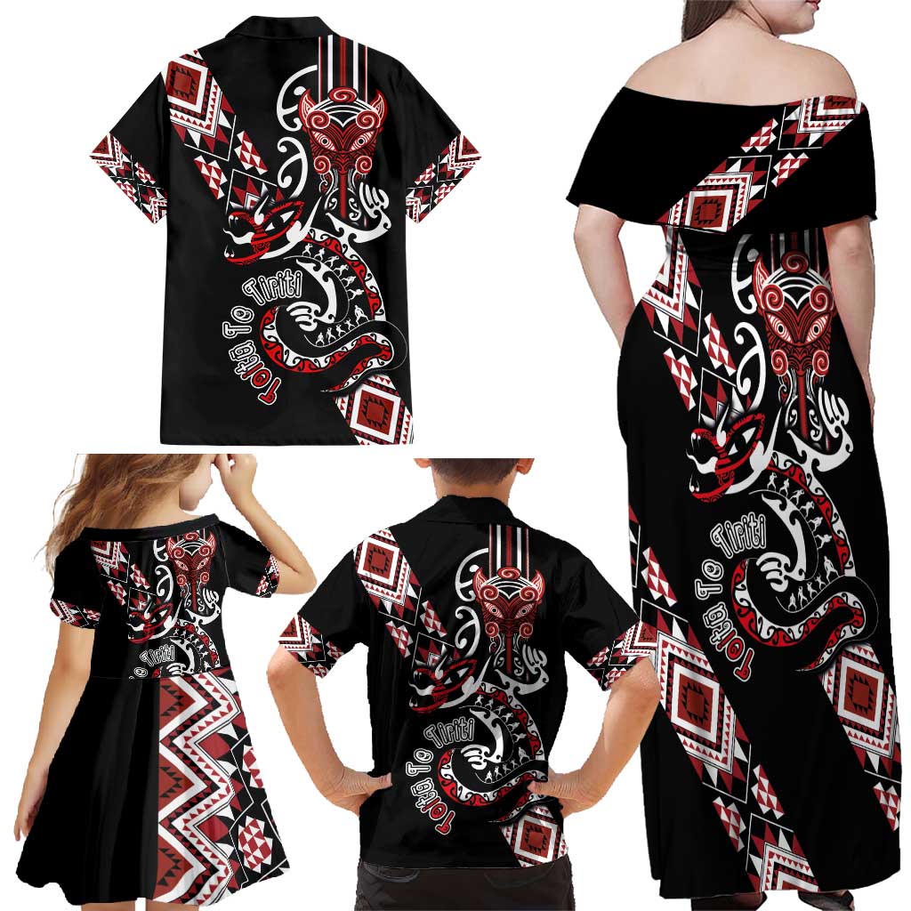 Aotearoa Toitu Te Tiriti-Honour the Treaty Family Matching Off Shoulder Maxi Dress and Hawaiian Shirt Maori Taniwha Haka with Taniko and Tukutuku LT03 - Polynesian Pride