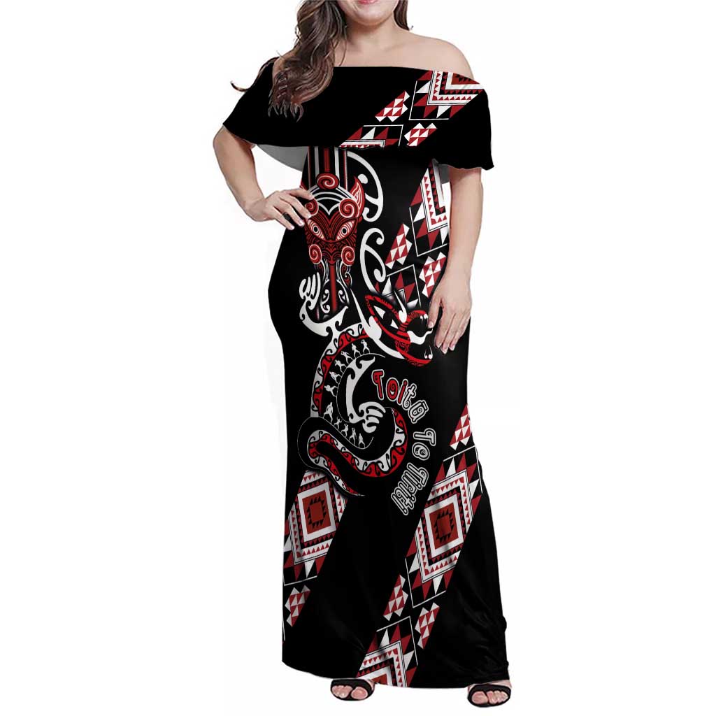 Aotearoa Toitu Te Tiriti-Honour the Treaty Family Matching Off Shoulder Maxi Dress and Hawaiian Shirt Maori Taniwha Haka with Taniko and Tukutuku LT03 Mom's Dress Black - Polynesian Pride