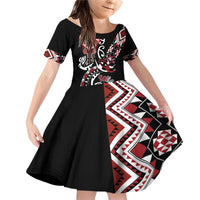Aotearoa Toitu Te Tiriti-Honour the Treaty Family Matching Off Shoulder Short Dress and Hawaiian Shirt Maori Taniwha Haka with Taniko and Tukutuku LT03 Daughter's Dress Black - Polynesian Pride