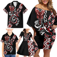 Aotearoa Toitu Te Tiriti-Honour the Treaty Family Matching Off Shoulder Short Dress and Hawaiian Shirt Maori Taniwha Haka with Taniko and Tukutuku LT03 - Polynesian Pride