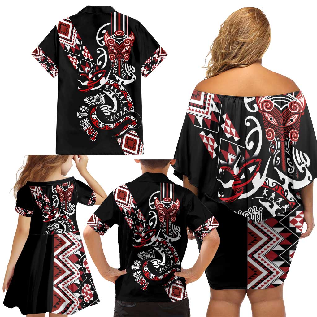 Aotearoa Toitu Te Tiriti-Honour the Treaty Family Matching Off Shoulder Short Dress and Hawaiian Shirt Maori Taniwha Haka with Taniko and Tukutuku LT03 - Polynesian Pride