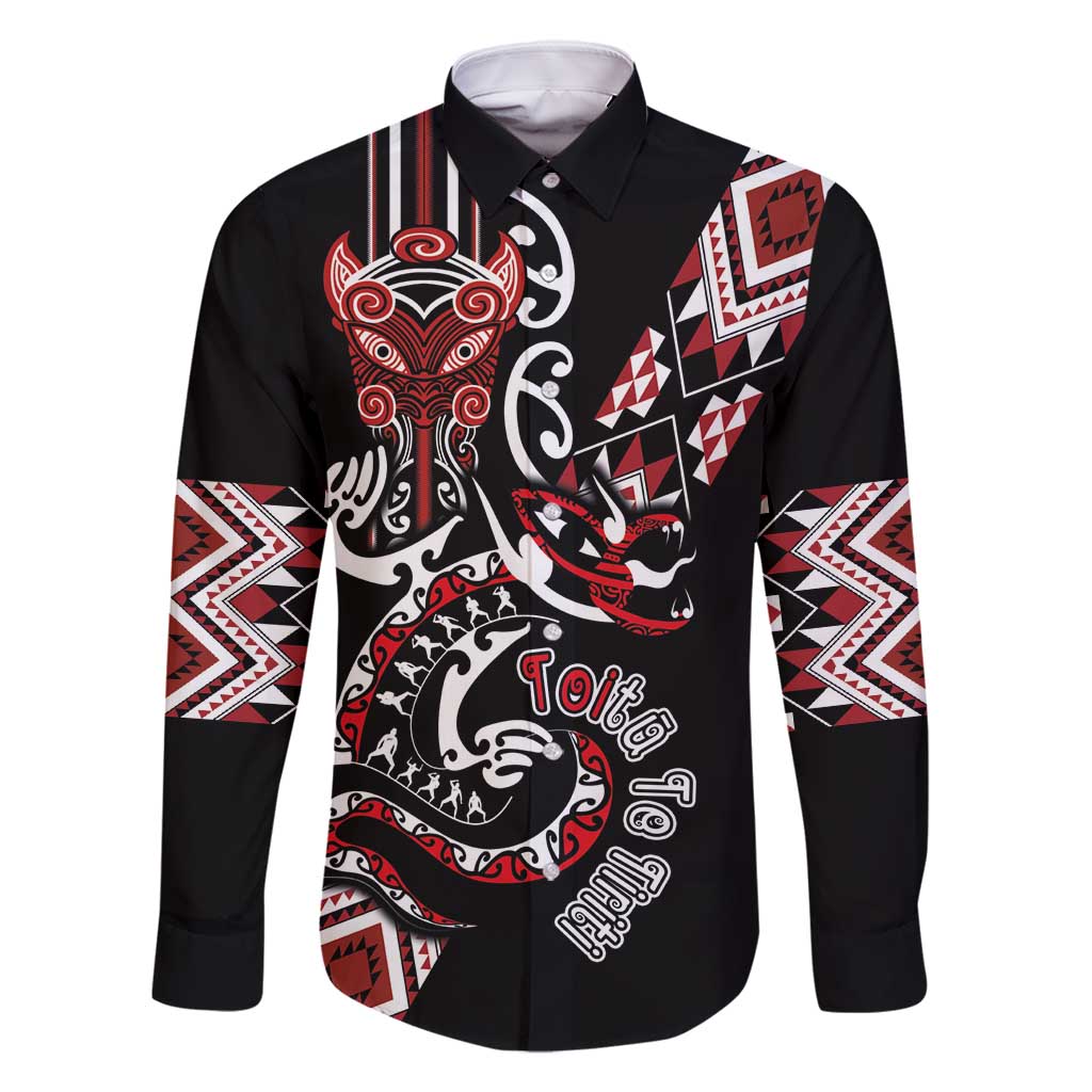 Aotearoa Toitu Te Tiriti-Honour the Treaty Family Matching Off Shoulder Short Dress and Hawaiian Shirt Maori Taniwha Haka with Taniko and Tukutuku LT03 Dad's Shirt - Long Sleeve Black - Polynesian Pride