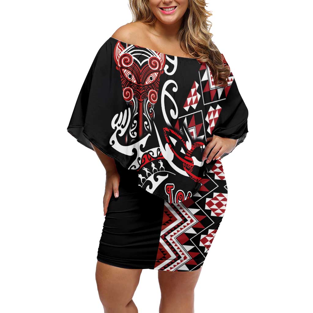 Aotearoa Toitu Te Tiriti-Honour the Treaty Family Matching Off Shoulder Short Dress and Hawaiian Shirt Maori Taniwha Haka with Taniko and Tukutuku LT03 Mom's Dress Black - Polynesian Pride