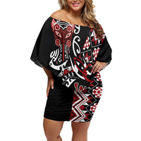 Aotearoa Toitu Te Tiriti-Honour the Treaty Family Matching Off Shoulder Short Dress and Hawaiian Shirt Maori Taniwha Haka with Taniko and Tukutuku LT03 Mom's Dress Black - Polynesian Pride