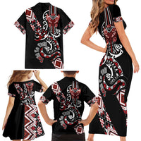 Aotearoa Toitu Te Tiriti-Honour the Treaty Family Matching Short Sleeve Bodycon Dress and Hawaiian Shirt Maori Taniwha Haka with Taniko and Tukutuku LT03 - Polynesian Pride