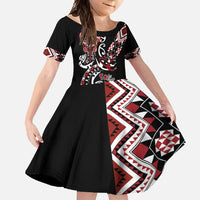 Aotearoa Toitu Te Tiriti-Honour the Treaty Family Matching Summer Maxi Dress and Hawaiian Shirt Maori Taniwha Haka with Taniko and Tukutuku LT03 Daughter's Dress Black - Polynesian Pride