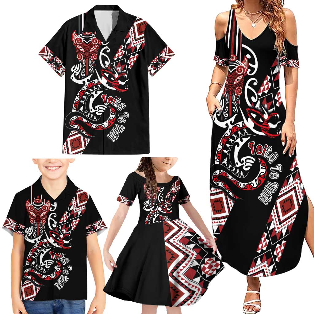 Aotearoa Toitu Te Tiriti-Honour the Treaty Family Matching Summer Maxi Dress and Hawaiian Shirt Maori Taniwha Haka with Taniko and Tukutuku LT03 - Polynesian Pride