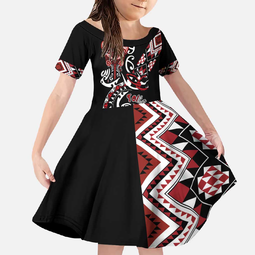 Aotearoa Toitu Te Tiriti-Honour the Treaty Family Matching Tank Maxi Dress and Hawaiian Shirt Maori Taniwha Haka with Taniko and Tukutuku LT03 Daughter's Dress Black - Polynesian Pride