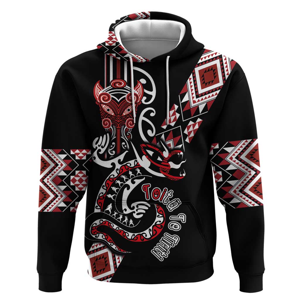 Aotearoa Toitu Te Tiriti-Honour the Treaty Hoodie Maori Taniwha Haka with Taniko and Tukutuku LT03 Pullover Hoodie Black - Polynesian Pride