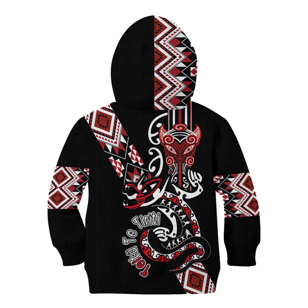 Aotearoa Toitu Te Tiriti-Honour the Treaty Kid Hoodie Maori Taniwha Haka with Taniko and Tukutuku LT03 - Polynesian Pride