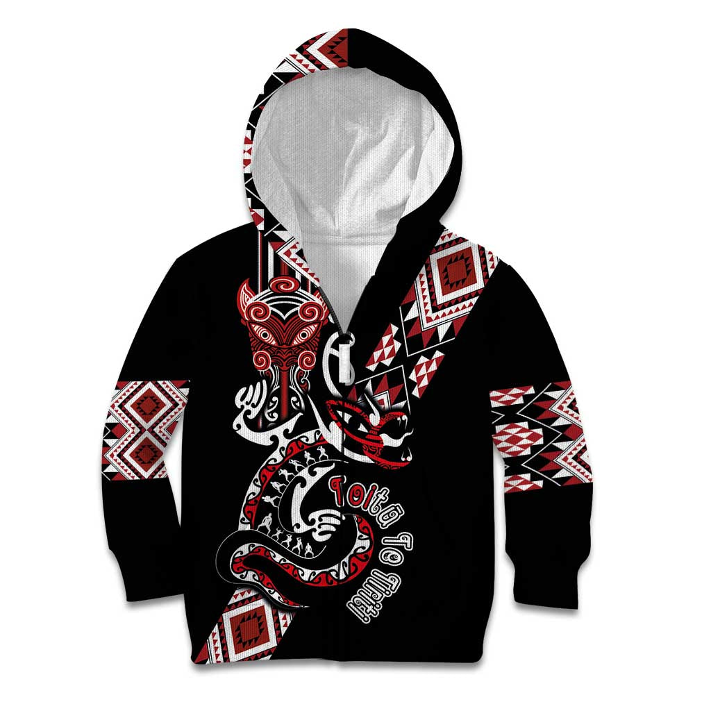 Aotearoa Toitu Te Tiriti-Honour the Treaty Kid Hoodie Maori Taniwha Haka with Taniko and Tukutuku LT03 Zip Hoodie Black - Polynesian Pride