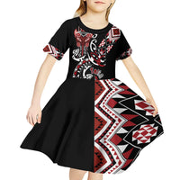 Aotearoa Toitu Te Tiriti-Honour the Treaty Kid Short Sleeve Dress Maori Taniwha Haka with Taniko and Tukutuku