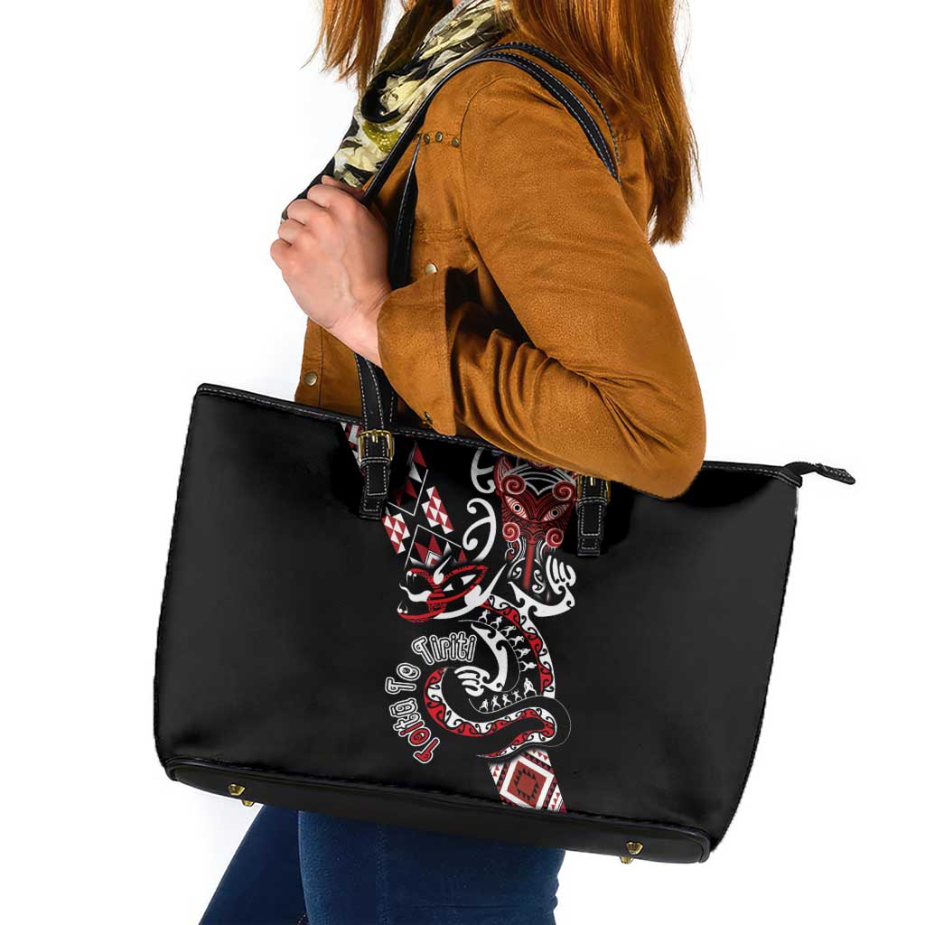Aotearoa Toitu Te Tiriti-Honour the Treaty Leather Tote Bag Maori Taniwha Haka with Taniko and Tukutuku
