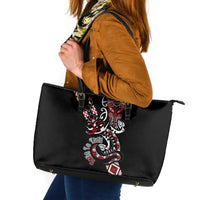 Aotearoa Toitu Te Tiriti-Honour the Treaty Leather Tote Bag Maori Taniwha Haka with Taniko and Tukutuku LT03 Black - Polynesian Pride