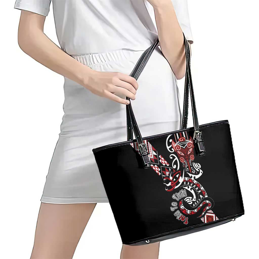 Aotearoa Toitu Te Tiriti-Honour the Treaty Leather Tote Bag Maori Taniwha Haka with Taniko and Tukutuku LT03 - Polynesian Pride