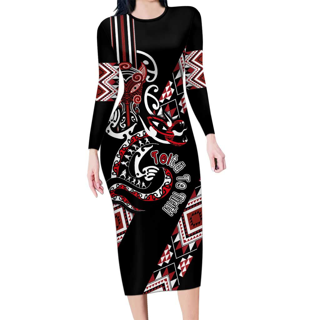 Aotearoa Toitu Te Tiriti-Honour the Treaty Long Sleeve Bodycon Dress Maori Taniwha Haka with Taniko and Tukutuku LT03 Long Dress Black - Polynesian Pride