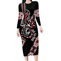 Aotearoa Toitu Te Tiriti-Honour the Treaty Long Sleeve Bodycon Dress Maori Taniwha Haka with Taniko and Tukutuku LT03 Long Dress Black - Polynesian Pride