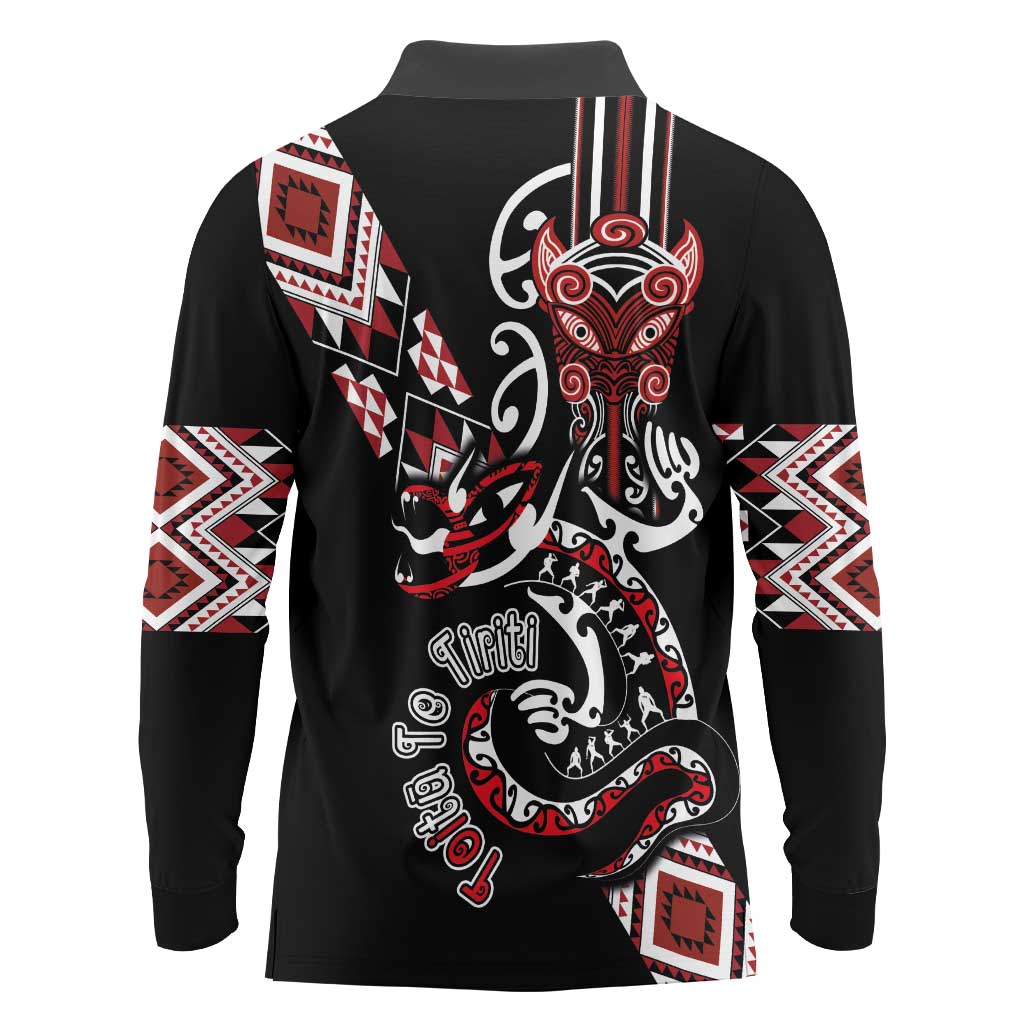 Aotearoa Toitu Te Tiriti-Honour the Treaty Long Sleeve Polo Shirt Maori Taniwha Haka with Taniko and Tukutuku