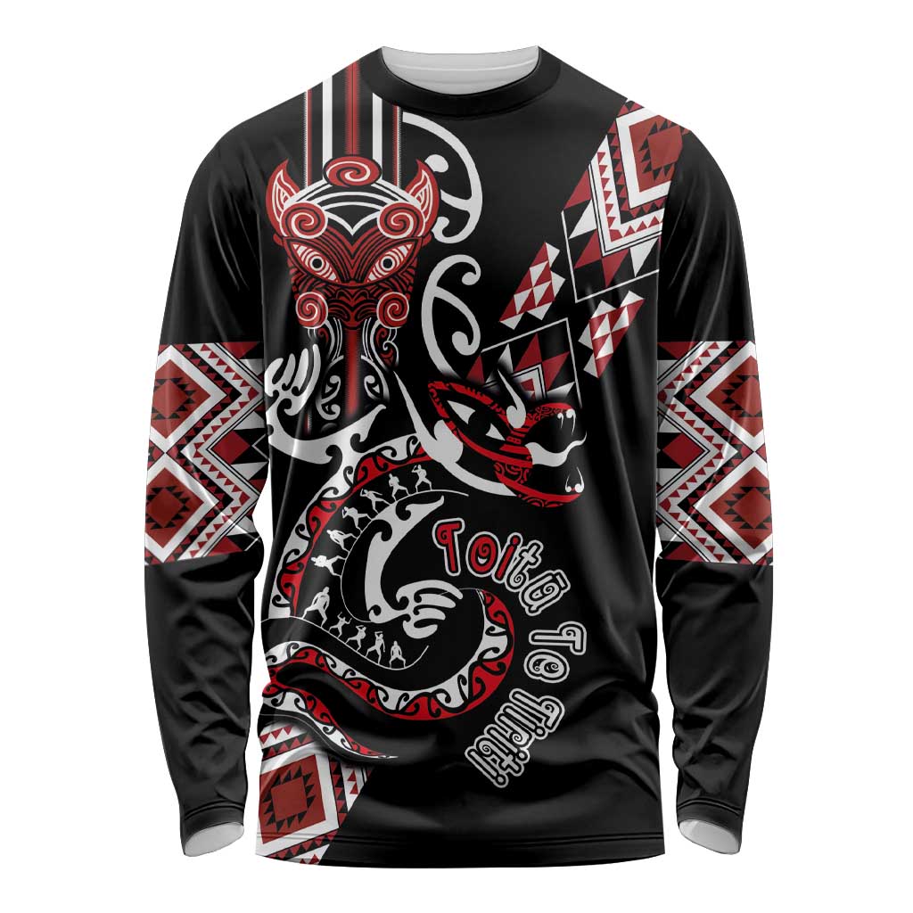Aotearoa Toitu Te Tiriti-Honour the Treaty Long Sleeve Shirt Maori Taniwha Haka with Taniko and Tukutuku