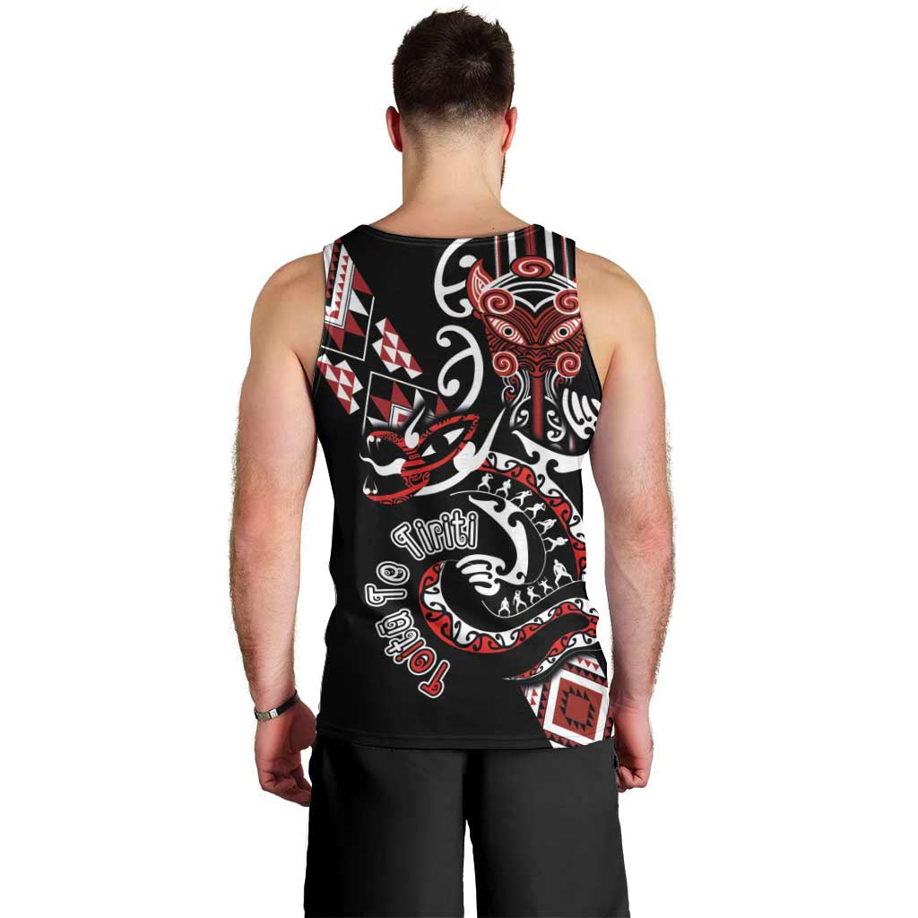 Aotearoa Toitu Te Tiriti-Honour the Treaty Men Tank Top Maori Taniwha Haka with Taniko and Tukutuku