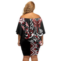 Aotearoa Toitu Te Tiriti-Honour the Treaty Off Shoulder Short Dress Maori Taniwha Haka with Taniko and Tukutuku LT03 - Polynesian Pride