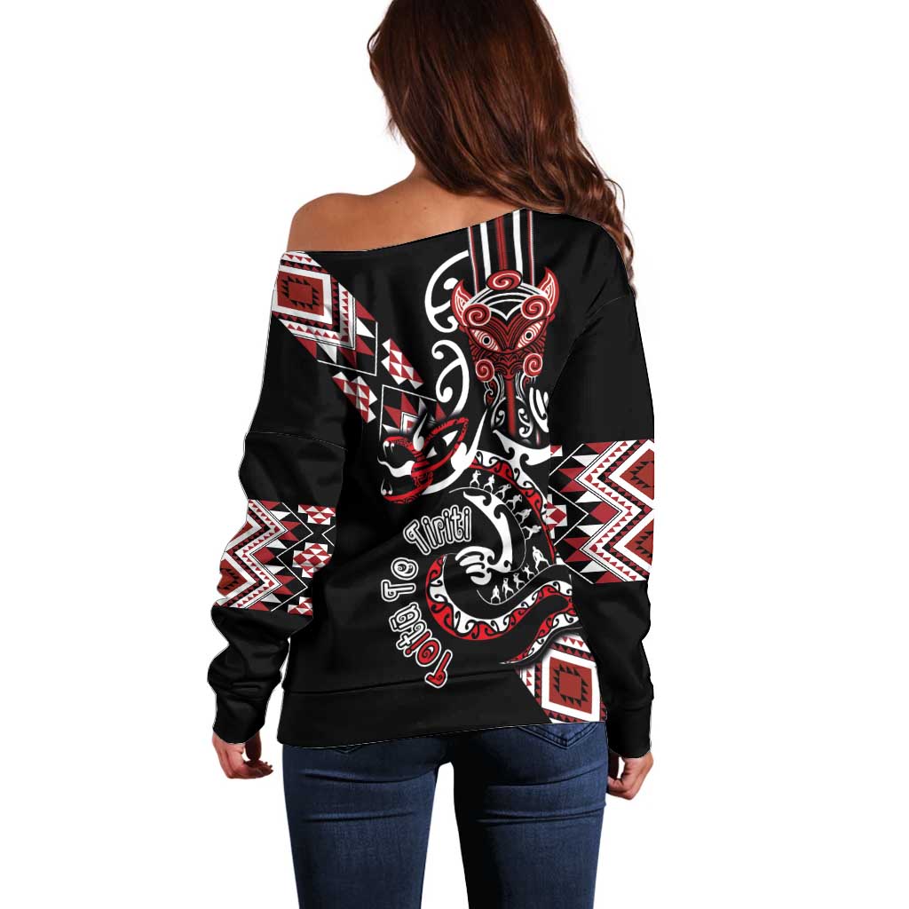 Aotearoa Toitu Te Tiriti-Honour the Treaty Off Shoulder Sweater Maori Taniwha Haka with Taniko and Tukutuku LT03 - Polynesian Pride