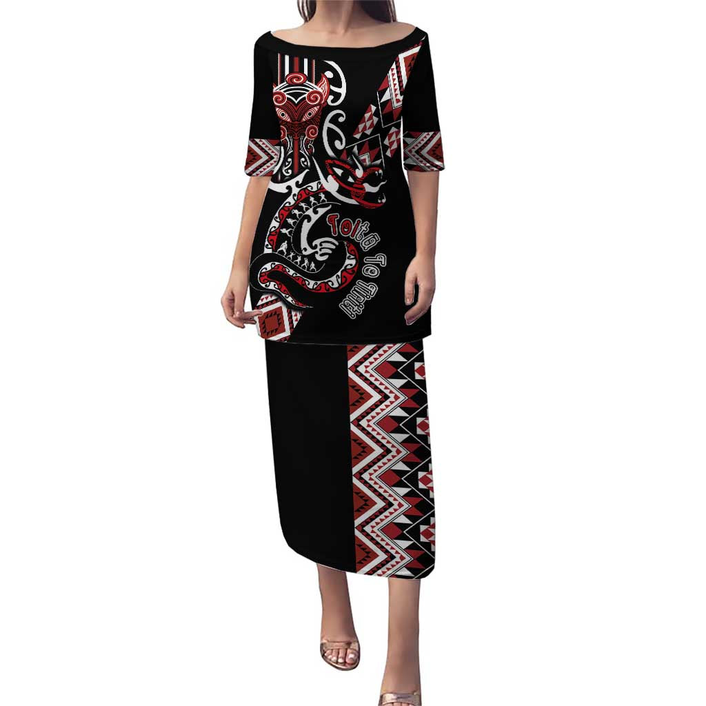 Aotearoa Toitu Te Tiriti-Honour the Treaty Puletasi Maori Taniwha Haka with Taniko and Tukutuku LT03 Long Dress Black - Polynesian Pride
