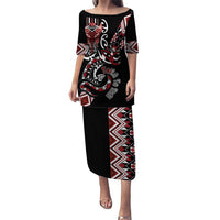 Aotearoa Toitu Te Tiriti-Honour the Treaty Puletasi Maori Taniwha Haka with Taniko and Tukutuku LT03 Long Dress Black - Polynesian Pride