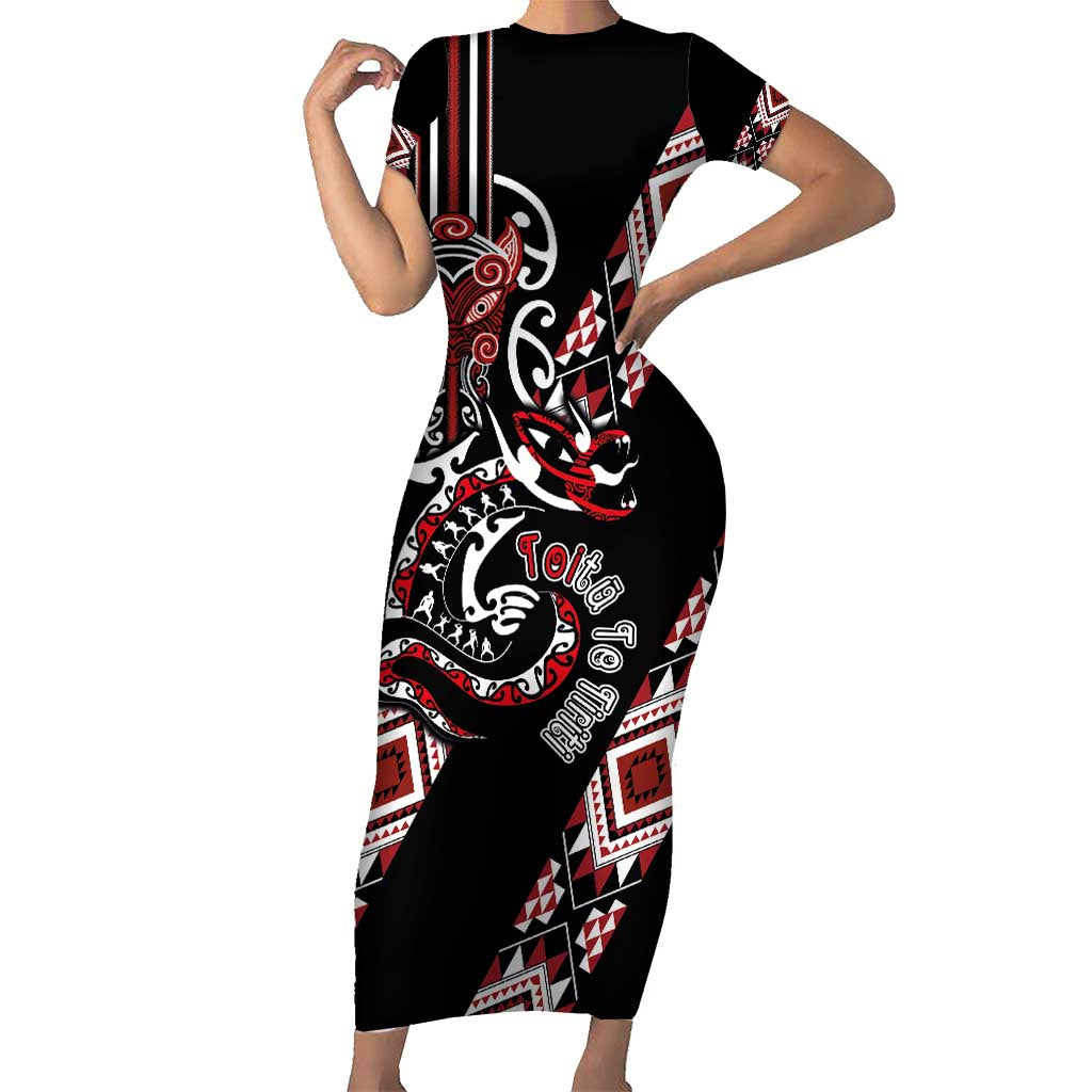 Aotearoa Toitu Te Tiriti-Honour the Treaty Short Sleeve Bodycon Dress Maori Taniwha Haka with Taniko and Tukutuku LT03 Long Dress Black - Polynesian Pride