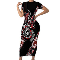 Aotearoa Toitu Te Tiriti-Honour the Treaty Short Sleeve Bodycon Dress Maori Taniwha Haka with Taniko and Tukutuku LT03 Long Dress Black - Polynesian Pride