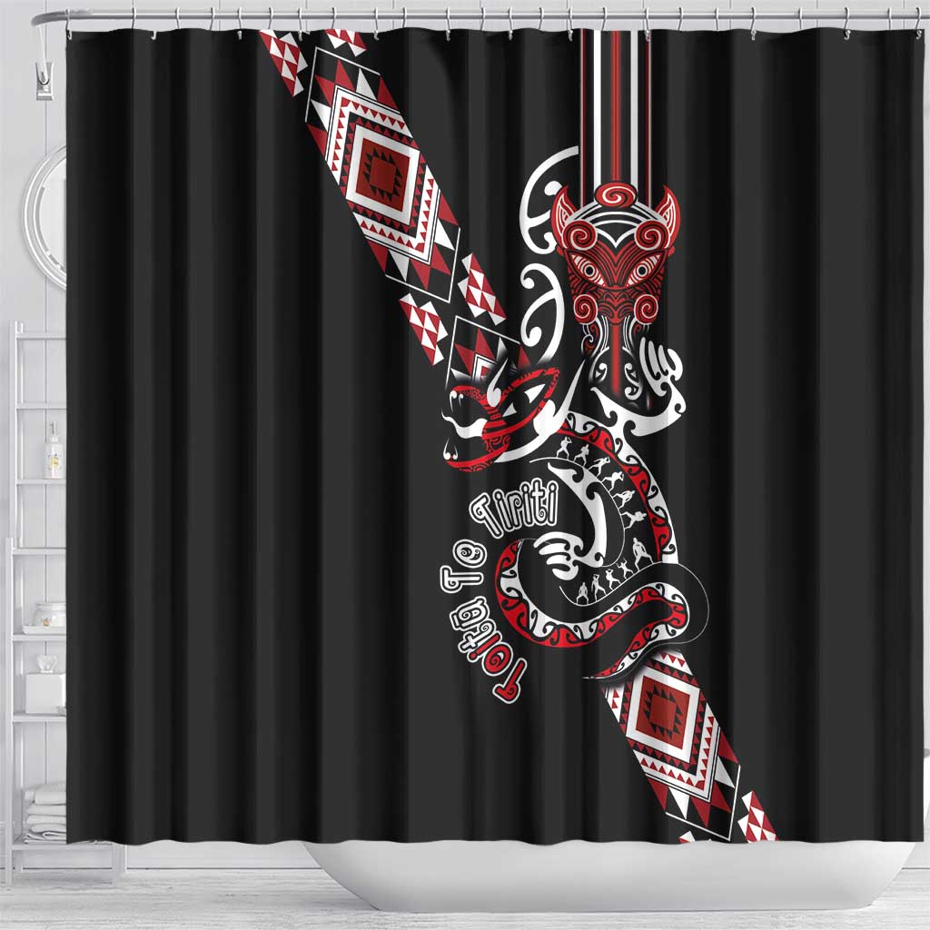 Aotearoa Toitu Te Tiriti-Honour the Treaty Shower Curtain Maori Taniwha Haka with Taniko and Tukutuku LT03 - Polynesian Pride