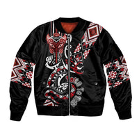 Aotearoa Toitu Te Tiriti-Honour the Treaty Sleeve Zip Bomber Jacket Maori Taniwha Haka with Taniko and Tukutuku LT03 Unisex Black - Polynesian Pride