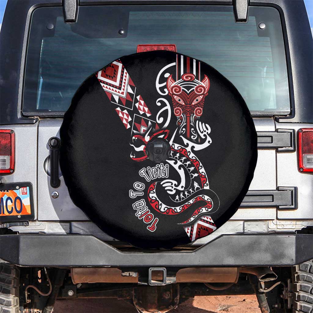 Aotearoa Toitu Te Tiriti-Honour the Treaty Spare Tire Cover Maori Taniwha Haka with Taniko and Tukutuku LT03 Black - Polynesian Pride