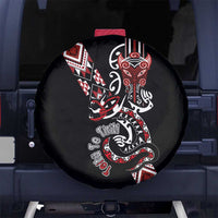 Aotearoa Toitu Te Tiriti-Honour the Treaty Spare Tire Cover Maori Taniwha Haka with Taniko and Tukutuku LT03 No hole Black - Polynesian Pride