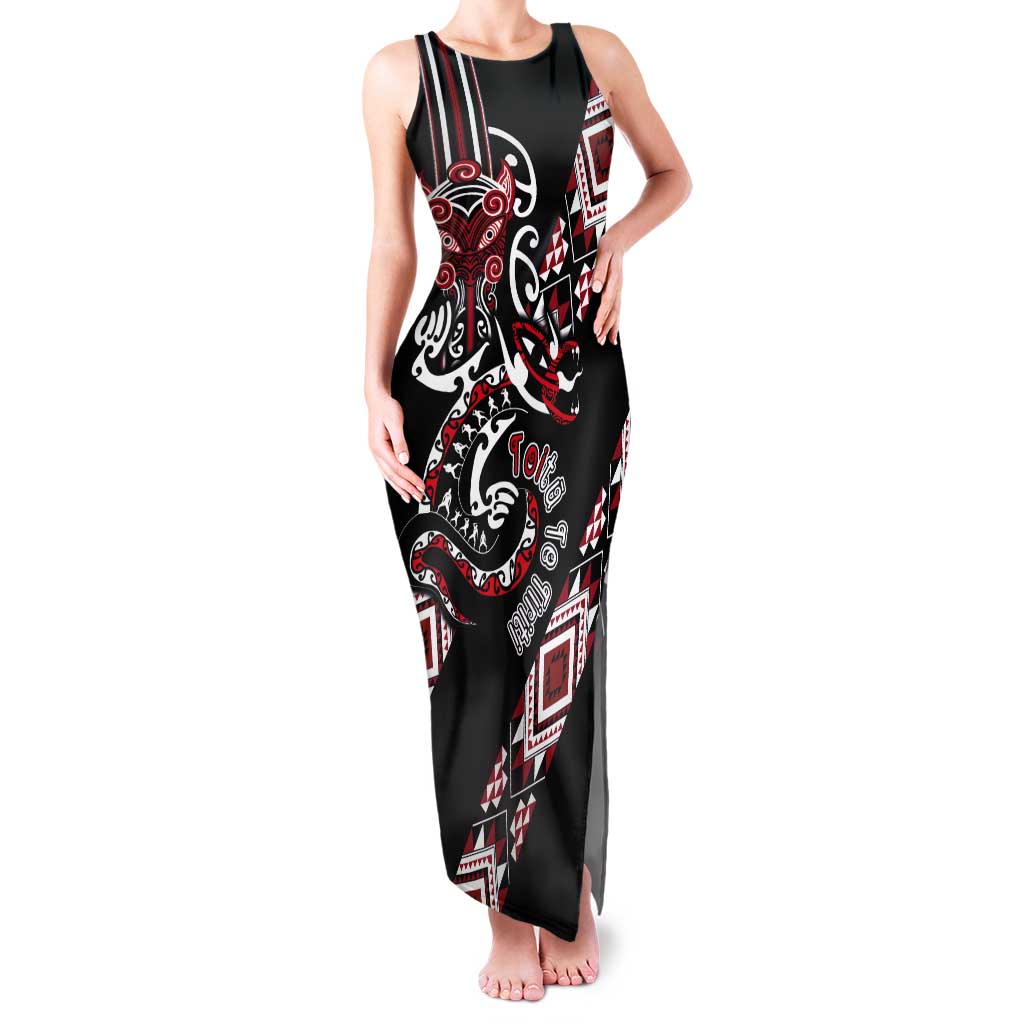 Aotearoa Toitu Te Tiriti-Honour the Treaty Tank Maxi Dress Maori Taniwha Haka with Taniko and Tukutuku LT03 Women Black - Polynesian Pride