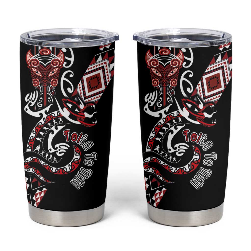 Aotearoa Toitu Te Tiriti-Honour the Treaty Tumbler Cup Maori Taniwha Haka with Taniko and Tukutuku LT03 Black - Polynesian Pride