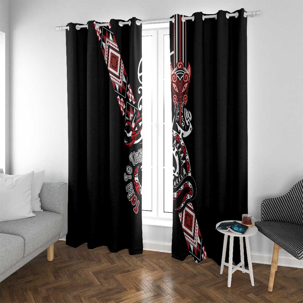 Aotearoa Toitu Te Tiriti-Honour the Treaty Window Curtain Maori Taniwha Haka with Taniko and Tukutuku LT03 With Grommets Black - Polynesian Pride