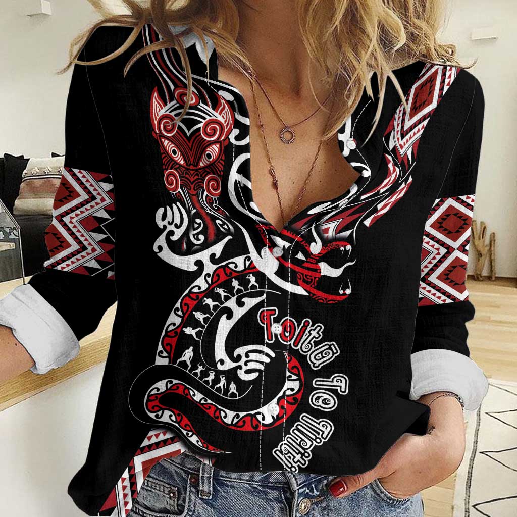 Aotearoa Toitu Te Tiriti-Honour the Treaty Women Casual Shirt Maori Taniwha Haka with Taniko and Tukutuku LT03 Female Black - Polynesian Pride