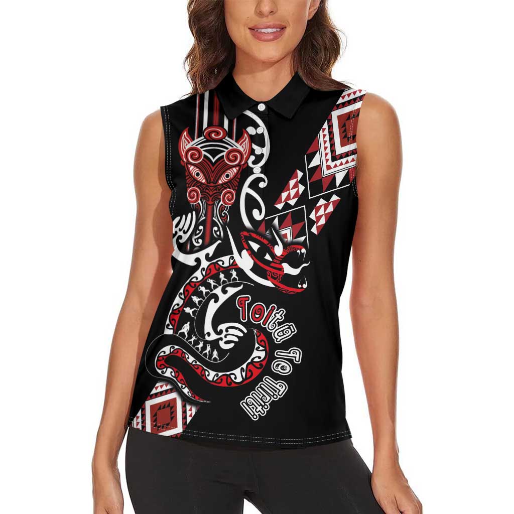 Aotearoa Toitu Te Tiriti-Honour the Treaty Women Sleeveless Polo Shirt Maori Taniwha Haka with Taniko and Tukutuku
