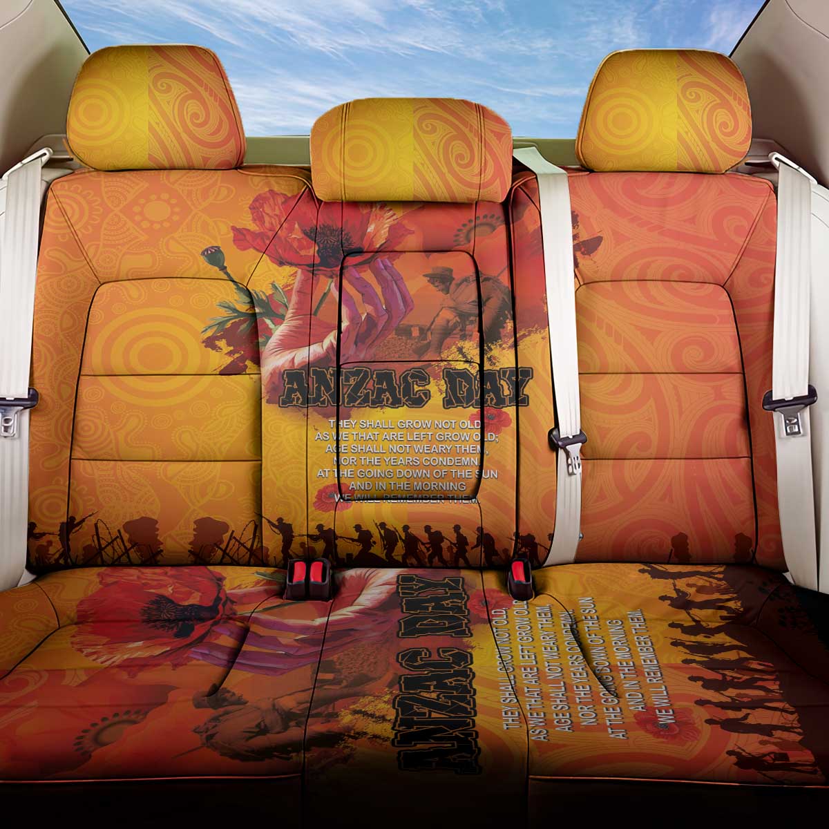 Australia and New Zealand ANZAC Day Back Car Seat Cover Soldiers Memories - Red Poppies with Aboriginal and Maori Art LT03 One Size Orange-Yellow - Polynesian Pride