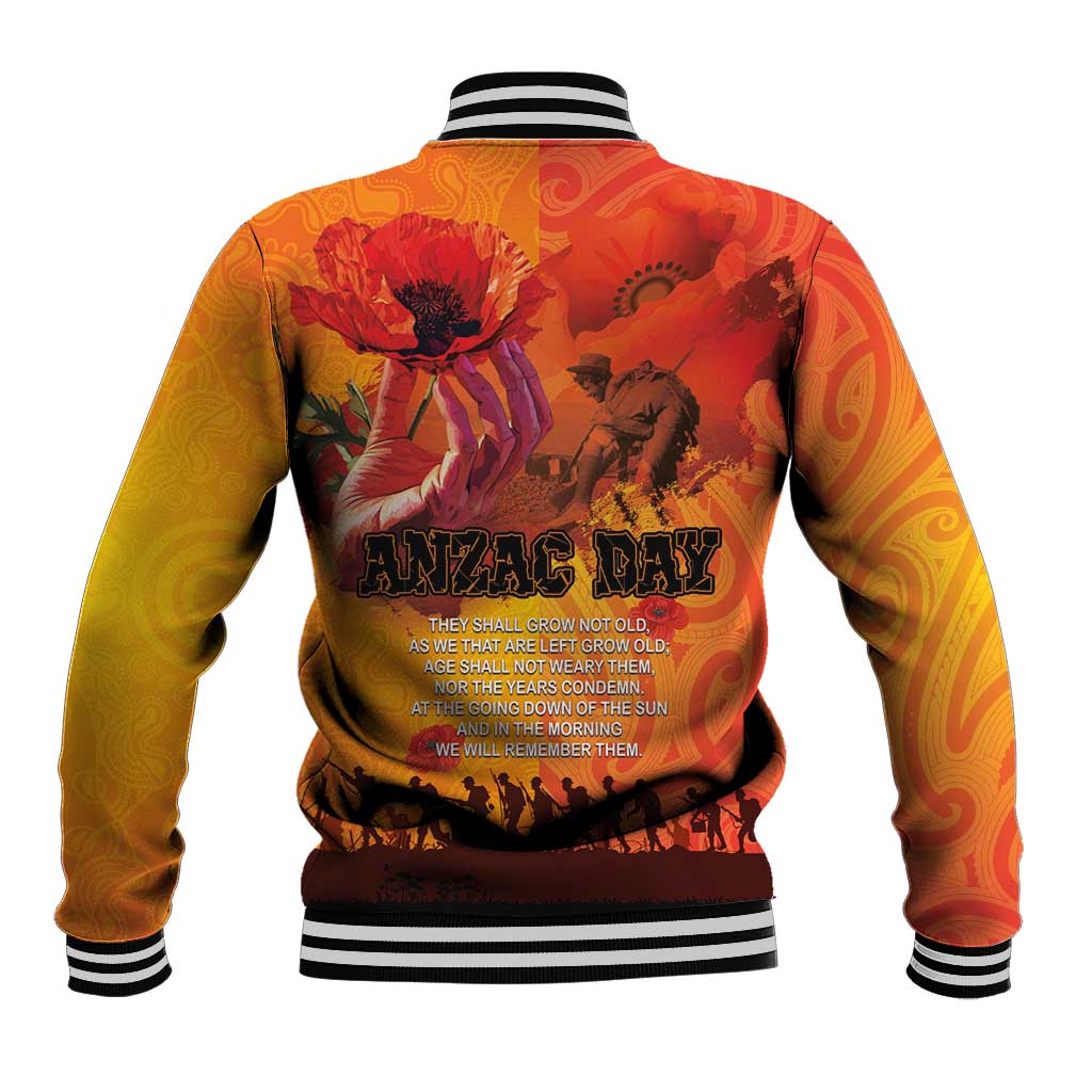Australia and New Zealand ANZAC Day Baseball Jacket Soldiers Memories - Red Poppies with Aboriginal and Maori Art LT03 - Polynesian Pride