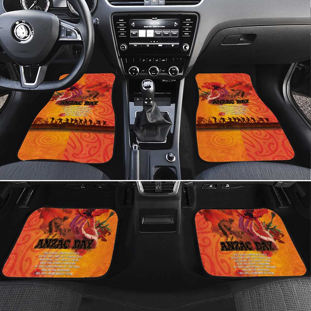 Australia and New Zealand ANZAC Day Car Mats Soldiers Memories - Red Poppies with Aboriginal and Maori Art LT03 Set 4pcs Orange-Yellow - Polynesian Pride